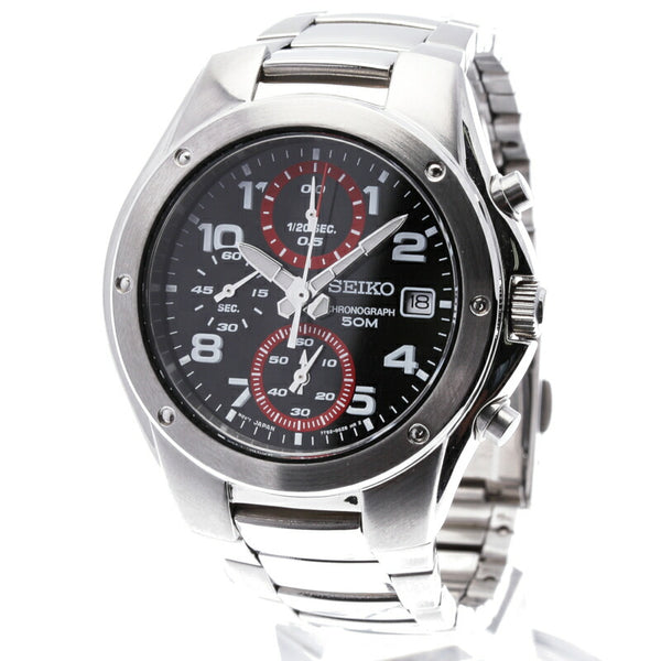 セイコー クロノグラフ 50m シルバー ステンレススチール 腕時計 メンズ SEIKO クオーツ ブラック文字盤 中古