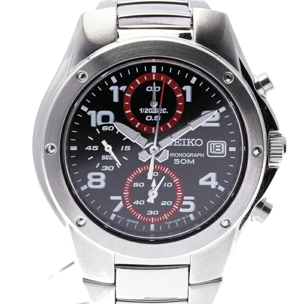 セイコー クロノグラフ 50m シルバー ステンレススチール 腕時計 メンズ SEIKO クオーツ ブラック文字盤 中古