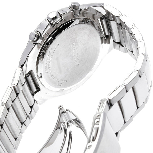 セイコー クロノグラフ 50m シルバー ステンレススチール 腕時計 メンズ SEIKO クオーツ ブラック文字盤 中古