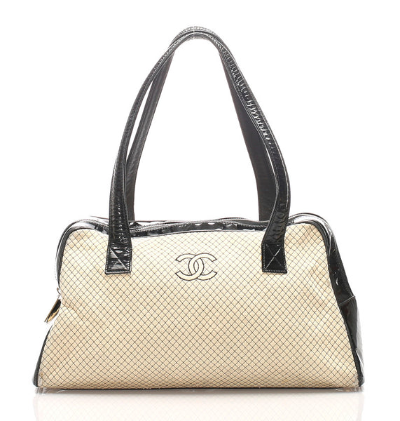 シャネル ベージュ ブラック キャンバス エナメル ボストンバッグ レディース CHANEL 中古