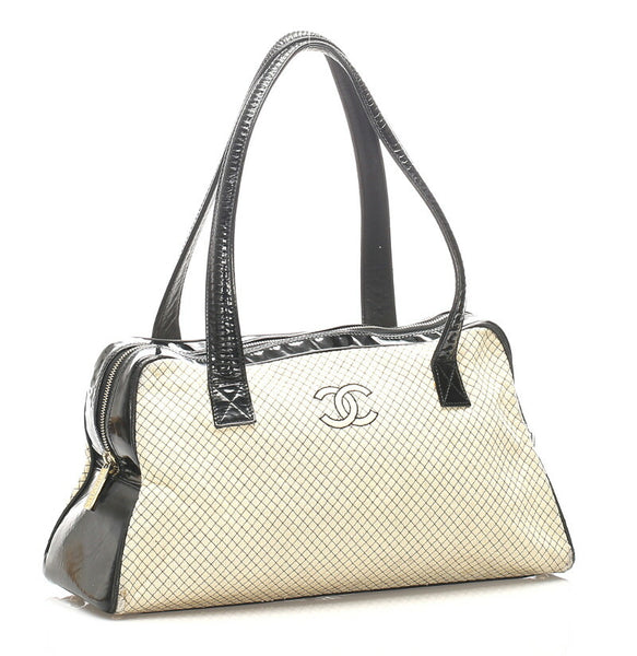 シャネル ベージュ ブラック キャンバス エナメル ボストンバッグ レディース CHANEL 中古