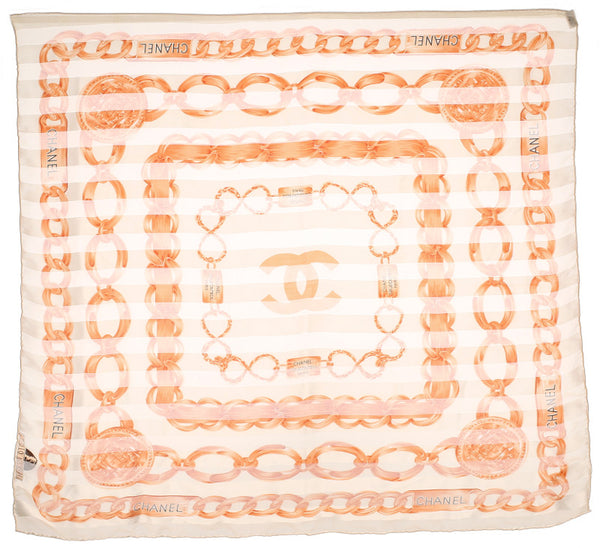 シャネル ベージュ レッド シルク スカーフ メンズ CHANEL 中古