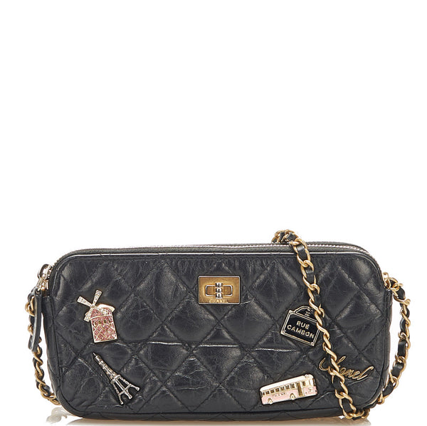 シャネル マトラッセ エンプロイダリー ブラック ラムスキン ウォレットチェーン レディース CHANEL 中古