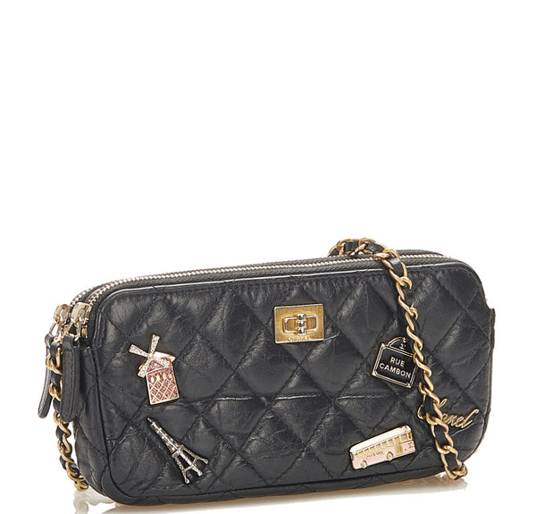 シャネル マトラッセ エンプロイダリー ブラック ラムスキン ウォレットチェーン レディース CHANEL 中古