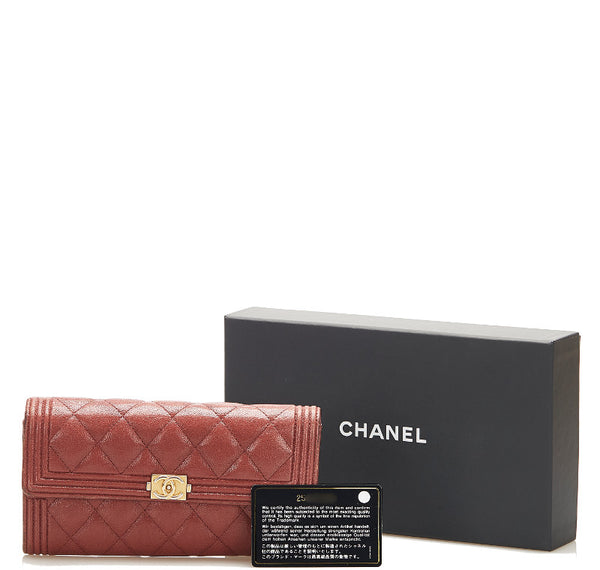 シャネル ボーイシャネル レッドブラウン キャビアスキン 長財布 レディース CHANEL 中古