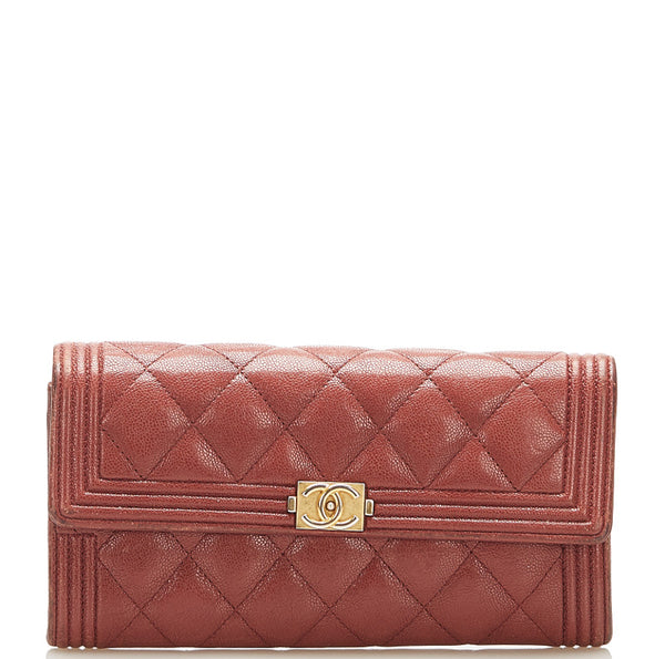 シャネル ボーイシャネル レッドブラウン キャビアスキン 長財布 レディース CHANEL 中古