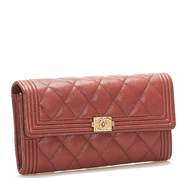 シャネル ボーイシャネル レッドブラウン キャビアスキン 長財布 レディース CHANEL 中古