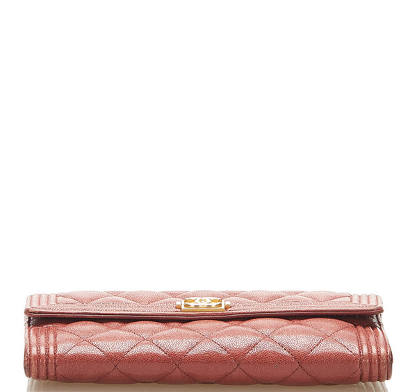 シャネル ボーイシャネル レッドブラウン キャビアスキン 長財布 レディース CHANEL 中古