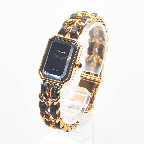 シャネル プルミエールL 腕時計 クオーツ ブラック文字盤 メッキ レザー レディース CHANEL 【中古】