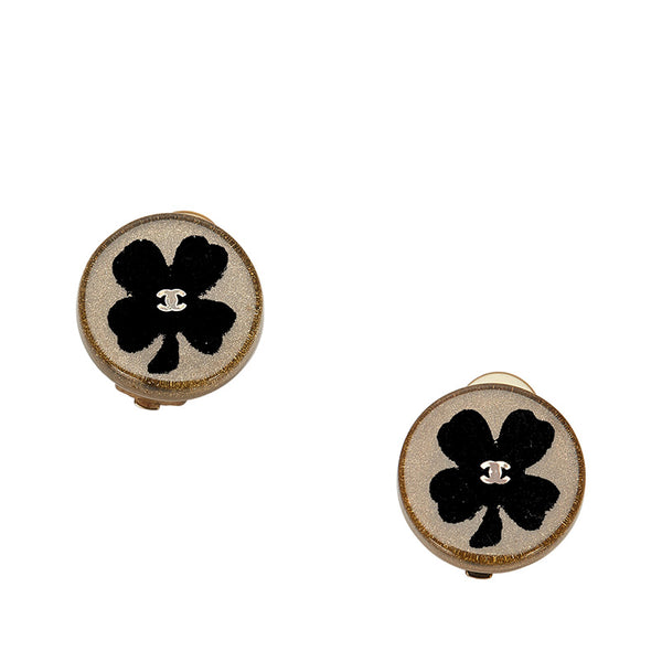 シャネル ブラック クリア ゴールド プラスチック メッキ クローバー イヤリング レディース CHANEL 中古