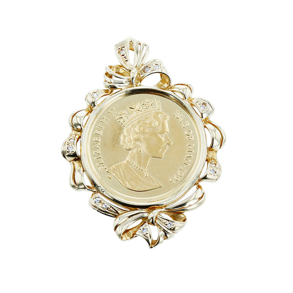 13714 K18YG イエローゴールド ダイヤ0.07ct マン島キャットコイン ペンダントトップ レディース 【中古】