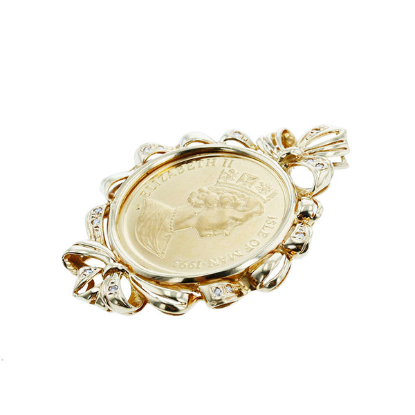 13714 K18YG イエローゴールド ダイヤ0.07ct マン島キャットコイン ペンダントトップ レディース 【中古】