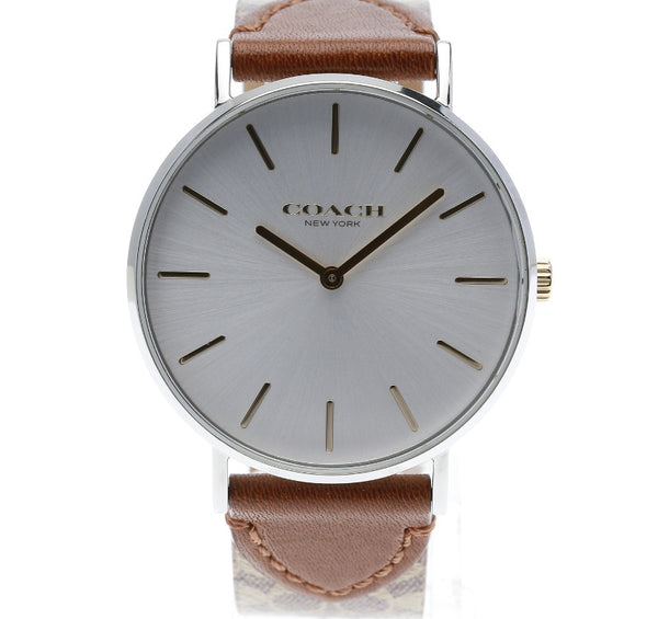 コーチ CA.120.7.14.1601 シルバー ブラウン ステンレススチール レザー 腕時計 メンズ COACH クオーツ シルバー文字盤 中古
