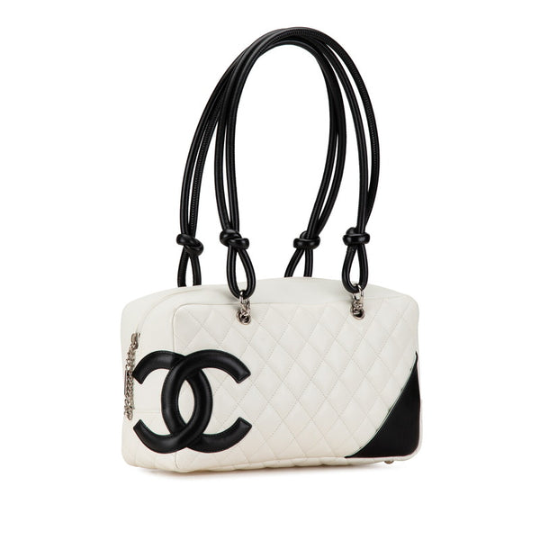 シャネル カンボンライン ココマーク ショルダーバッグ ボーリングバッグ A25171 ホワイト ブラック ラムスキン レディース CHANEL 【中古】