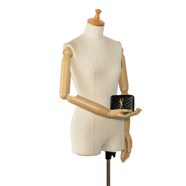 サンローラン ロゴ ゴールド金具 二つ折り財布 ラウンドファウナー コンパクトウォレット GUE403723 ブラック レザー レディース SAINT LAURENT 【中古】