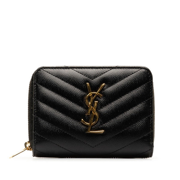 サンローラン ロゴ ゴールド金具 二つ折り財布 ラウンドファウナー コンパクトウォレット GUE403723 ブラック レザー レディース SAINT LAURENT 【中古】