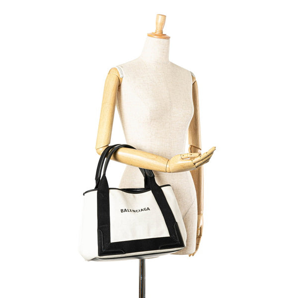 バレンシアガ ネイビー カバス スモール ハンドバッグ トートバッグ 339933 ホワイト ブラック キャンバス レザー レディース BALENCIAGA 【中古】
