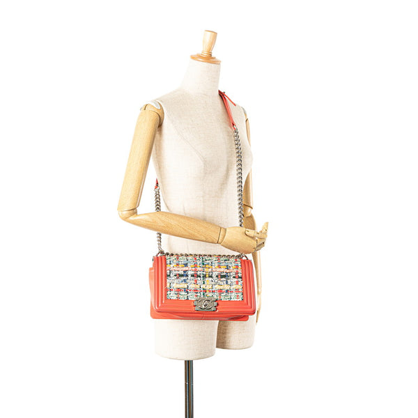 シャネル ココマーク ボーイシャネル25 ショルダーバッグ オレンジ マルチカラー ツイード ラムスキン レディース CHANEL 【中古】