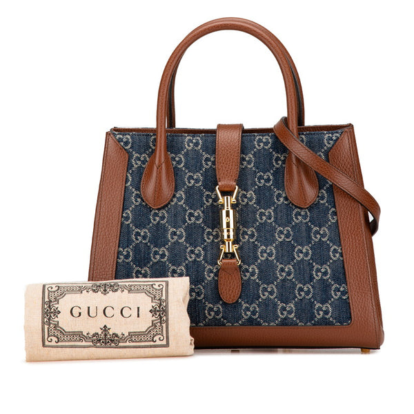 グッチ GGデニム ジャッキー 1961 ハンドバッグ ショルダーバッグ 2WAY 649016 ブルー ブラウン デニム レザー レディース GUCCI 【中古】