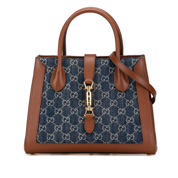 グッチ GGデニム ジャッキー 1961 ハンドバッグ ショルダーバッグ 2WAY 649016 ブルー ブラウン デニム レザー レディース GUCCI 【中古】
