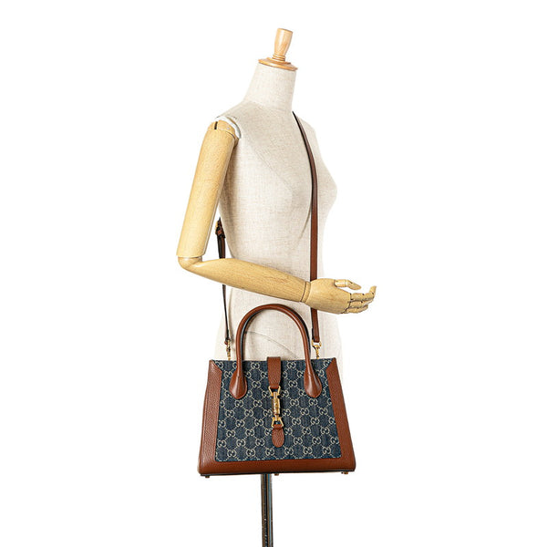 グッチ GGデニム ジャッキー 1961 ハンドバッグ ショルダーバッグ 2WAY 649016 ブルー ブラウン デニム レザー レディース GUCCI 【中古】