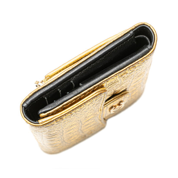 シャネル ココマーク クロコ型押し 二つ折り財布 フラップウォレット ゴールド レザー レディース CHANEL 【中古】