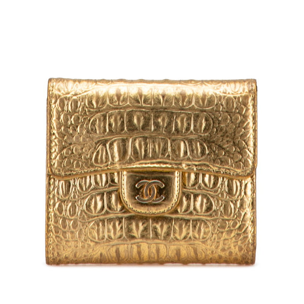 シャネル ココマーク クロコ型押し 二つ折り財布 フラップウォレット ゴールド レザー レディース CHANEL 【中古】