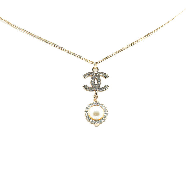 シャネル ココマーク ラインストーン ネックレス シャンパンゴールド メッキ フェイクパール レディース CHANEL 【中古】