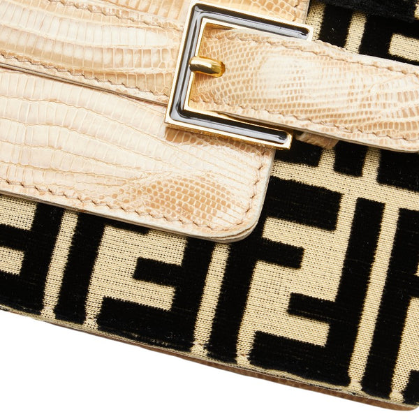 フェンディ ズッカ ショルダーバッグ ベージュ ブラック ベロア リザード レディース FENDI 【中古】