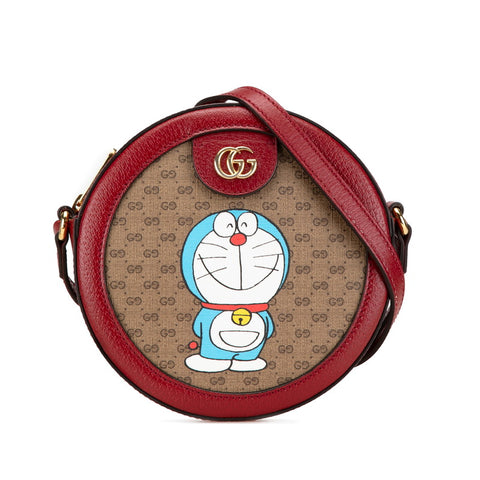 グッチ × ドラえもん ミニ GGスプリーム 斜め掛け ショルダーバッグ 625216 ベージュ レッド PVC レザー レディース GUCCI 【中古】