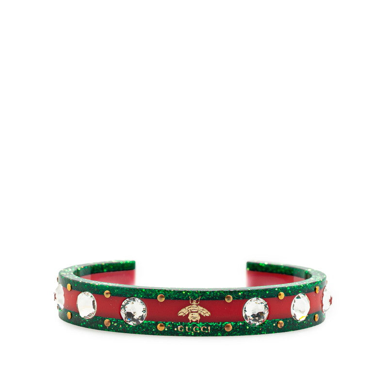 グッチ シェリーライン 蜂 ビー ラメ バングル ブレスレット ＃18 グリーン レッド プラスチック ラインストーン レディース GUCCI 【中古】