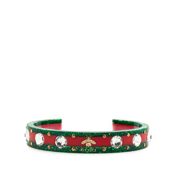 グッチ シェリーライン 蜂 ビー ラメ バングル ブレスレット ＃18 グリーン レッド プラスチック ラインストーン レディース GUCCI 【中古】