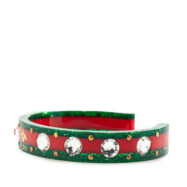 グッチ シェリーライン 蜂 ビー ラメ バングル ブレスレット ＃18 グリーン レッド プラスチック ラインストーン レディース GUCCI 【中古】