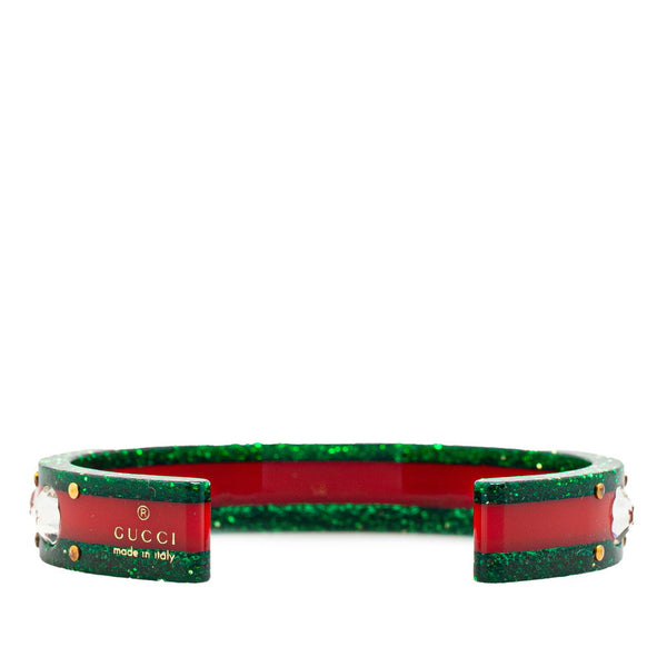 グッチ シェリーライン 蜂 ビー ラメ バングル ブレスレット ＃18 グリーン レッド プラスチック ラインストーン レディース GUCCI 【中古】