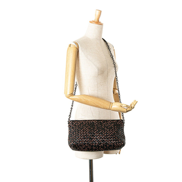 ボッテガヴェネタ イントレチャート チェーン ショルダーバッグ ブラック ブラウ レザー レディース BOTTEGAVENETA 【中古】