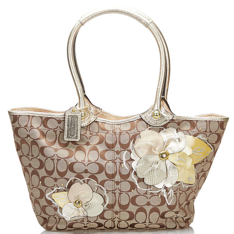 コーチ シグネチャー フローラル トートバッグ ショルダーバッグ 16276 ベージュ ゴールド キャンバス レザー レディース COACH 【中古】