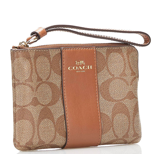 コーチ コーナー ジップ リストレット シグネチャー ポーチ F58035 ベージュ ブラウン PVC レザー レディース COACH 【中古】