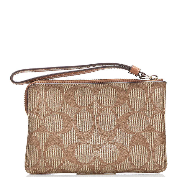 コーチ コーナー ジップ リストレット シグネチャー ポーチ F58035 ベージュ ブラウン PVC レザー レディース COACH 【中古】