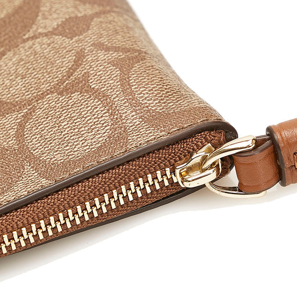 コーチ コーナー ジップ リストレット シグネチャー ポーチ F58035 ベージュ ブラウン PVC レザー レディース COACH 【中古】