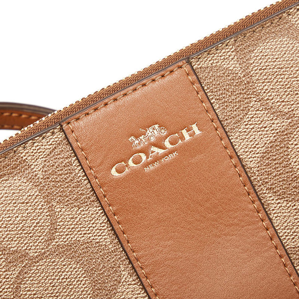 コーチ コーナー ジップ リストレット シグネチャー ポーチ F58035 ベージュ ブラウン PVC レザー レディース COACH 【中古】
