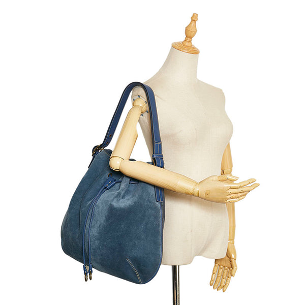 コーチ 巾着 トートバッグ 斜め掛け ショルダーバッグ 2WAY ネイビー ブルー スウェード レディース COACH 【中古】