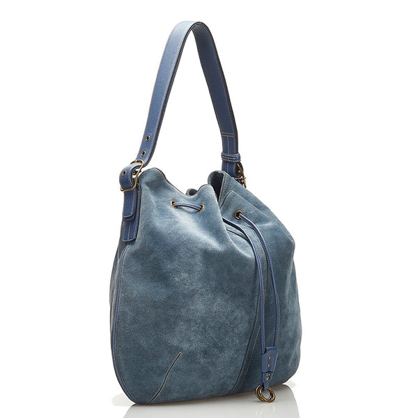 コーチ 巾着 トートバッグ 斜め掛け ショルダーバッグ 2WAY ネイビー ブルー スウェード レディース COACH 【中古】