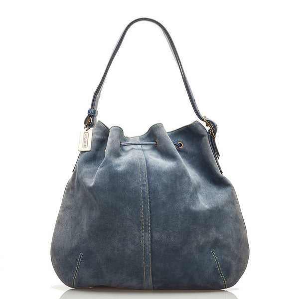 コーチ 巾着 トートバッグ 斜め掛け ショルダーバッグ 2WAY ネイビー ブルー スウェード レディース COACH 【中古】