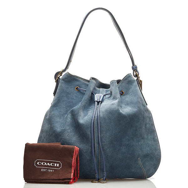 コーチ 巾着 トートバッグ 斜め掛け ショルダーバッグ 2WAY ネイビー ブルー スウェード レディース COACH 【中古】