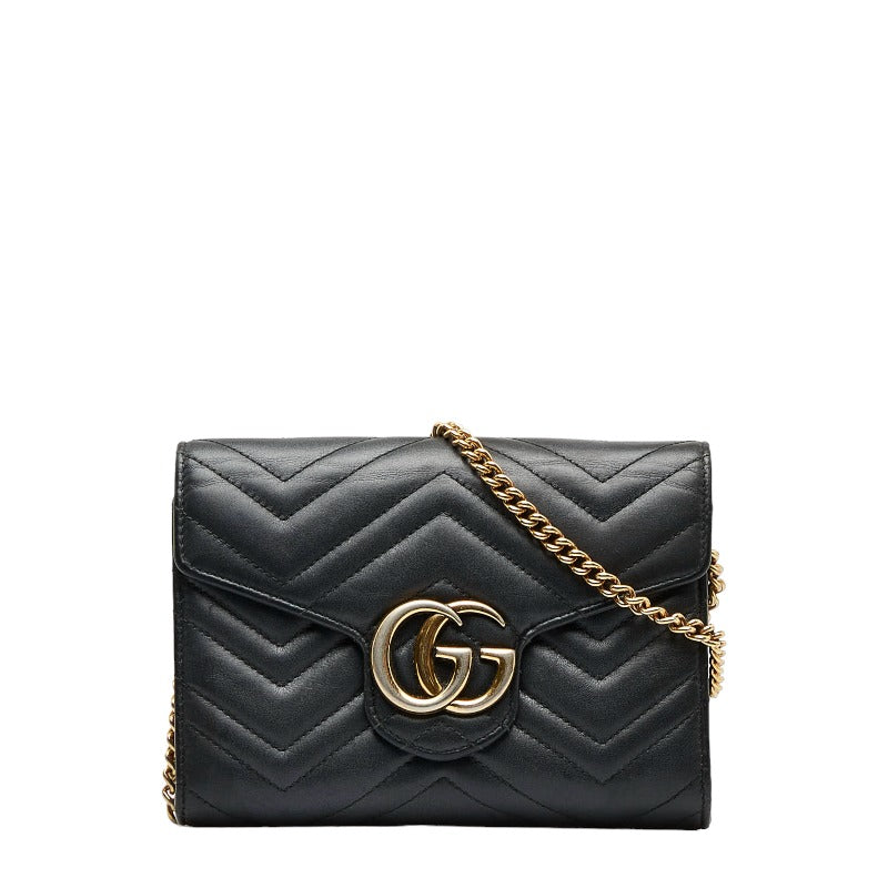 グッチ GGマーモント キルティング チェーン ウォレット ショルダーバッグ  474575 ブラック レザー レディース GUCCI 【中古】