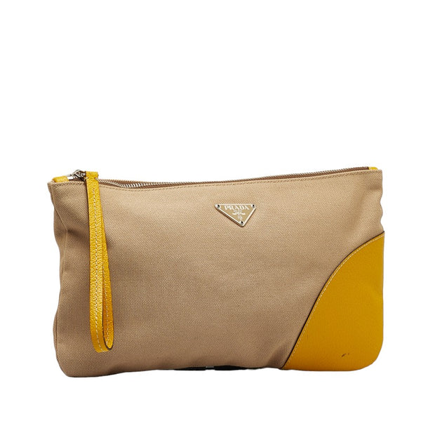 プラダ ポーチ クラッチバッグ セカンドバッグ ベージュ イエロー キャンバス レザー レディース PRADA 【中古】