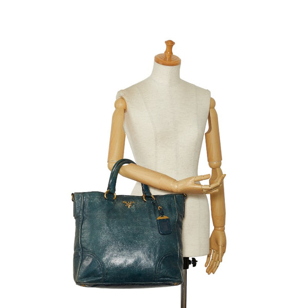 プラダ ヴィッテロ シャイン ゴールド金具 ハンドバッグ トートバッグ グリーン レザー レディース PRADA 【中古】