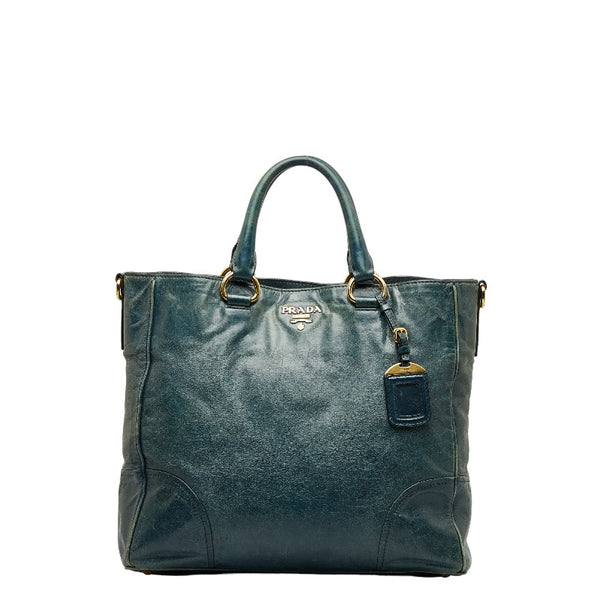 プラダ ヴィッテロ シャイン ゴールド金具 ハンドバッグ トートバッグ グリーン レザー レディース PRADA 【中古】
