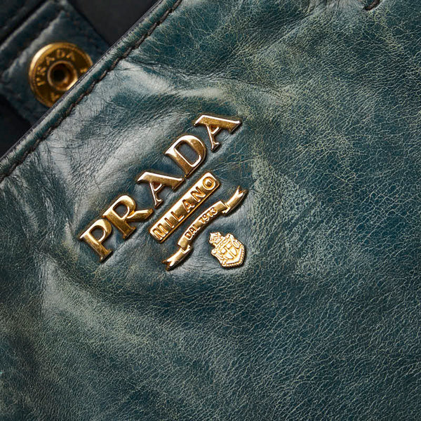 プラダ ヴィッテロ シャイン ゴールド金具 ハンドバッグ トートバッグ グリーン レザー レディース PRADA 【中古】