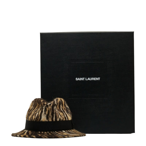 サンローラン アニマル プリント フェドラ レオパード 中折れハット ベージュ ブラック ウール レディース SAINT LAURENT 【中古】